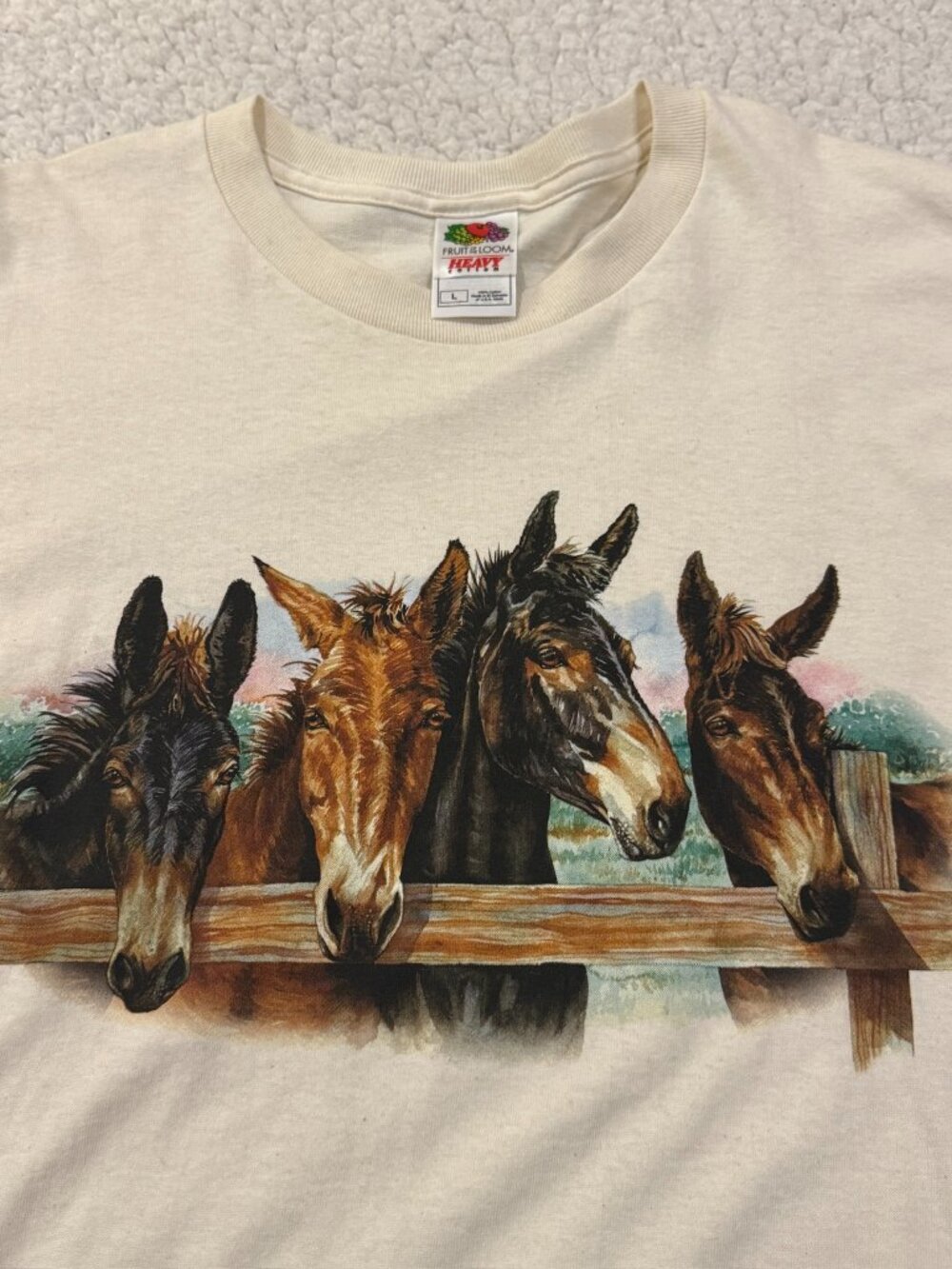 Vintage 2000s Fruit of the Loom Mule Donkey Horse Graphic T-Shirt Large Cream